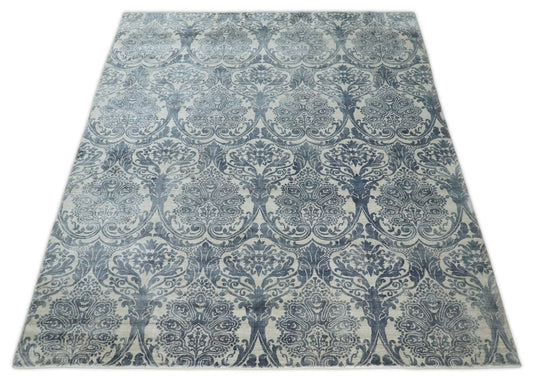 Handmade Blended Wool and Bamboo Silk Damask Design Area Rug, Ivory and Blue, 8x10 | QT13