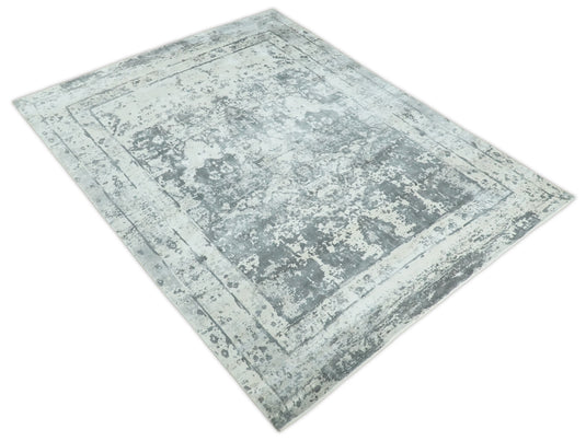 Handmade Persian Abstract Blended Wool and Bamboo Silk Area Rug, Ivory and Grey, 8x10 | QT16