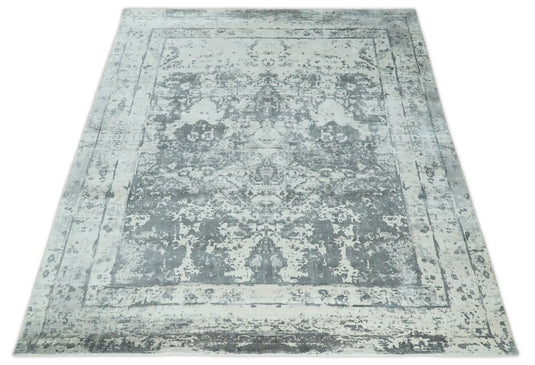 Handmade Persian Abstract Blended Wool and Bamboo Silk Area Rug, Ivory and Grey, 8x10 | QT16