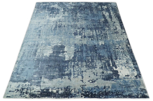 Abstract Modern Bamboo Silk Area Rug, Living Room Rug, Bedroom rug and Dinning room Rug, Blue and grey, 8x10 | QT19810