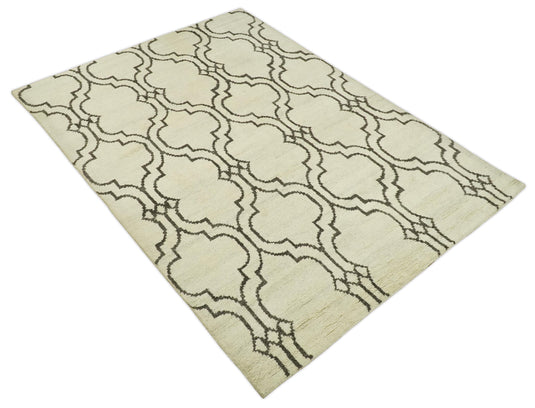 Modern Moroccan Trellis Natural Farmhouse Wool Hand Woven Rug, Ivory and Brown, 6x8 | HL1