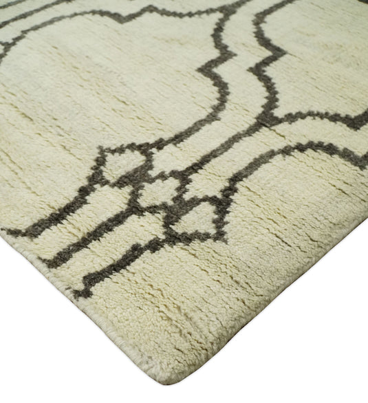 Modern Moroccan Trellis Natural Farmhouse Wool Hand Woven Rug, Ivory and Brown, 6x8 | HL1