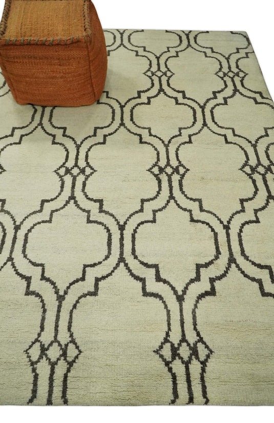 Modern Moroccan Trellis Natural Farmhouse Wool Hand Woven Rug, Ivory and Brown, 6x8 | HL1