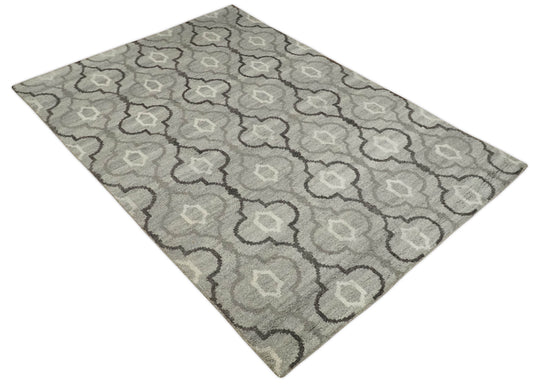 Modern Trellis Channel Natural Wool Hand Woven Rug, Silver and Brown, 6x8 | HL4