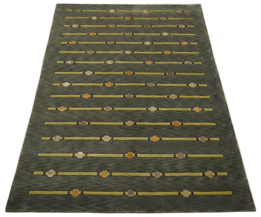 Tribal Chinese inspired Wool and silk Hand Woven Rug, Grey and Olive, 6x8 | HL568