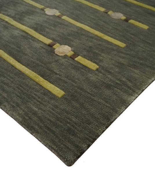 Tribal Chinese inspired Wool and silk Hand Woven Rug, Grey and Olive, 6x8 | HL568