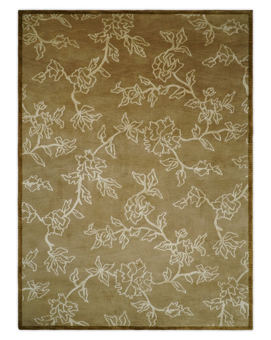 Floral Wool and Silk Hand Woven Rug, Brown and Ivory rug, 6x8 | HL668