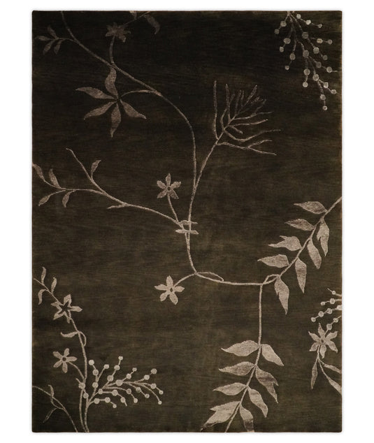 Floral Wool and Silk Hand Woven Rug, Dark brown and Copper, 6x8 | HL768