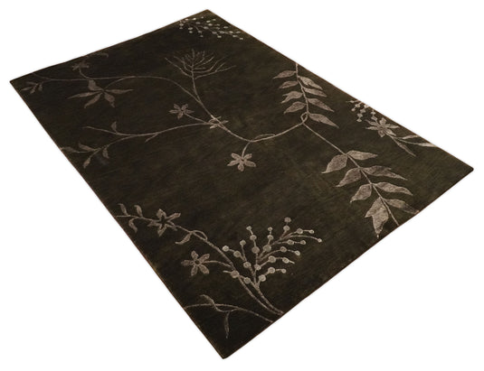 Floral Wool and Silk Hand Woven Rug, Dark brown and Copper, 6x8 | HL768