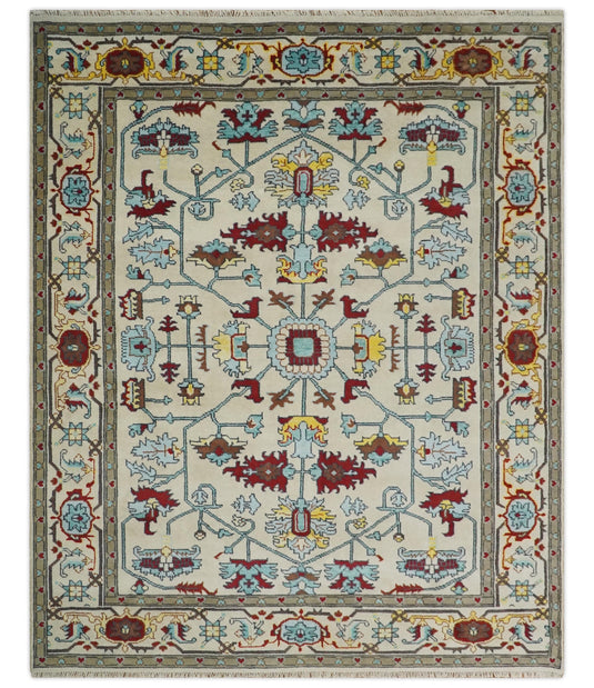 Traditional Hand knotted Oushak 8x10 Wool Persian White , Red and Blue Vibrant Colorful Area Rug | CP788810