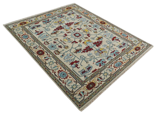 Traditional Hand knotted Oushak 8x10 Wool Persian White , Red and Blue Vibrant Colorful Area Rug | CP788810