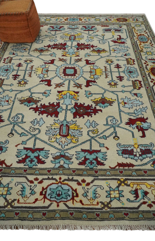 Traditional Hand knotted Oushak 8x10 Wool Persian White , Red and Blue Vibrant Colorful Area Rug | CP788810