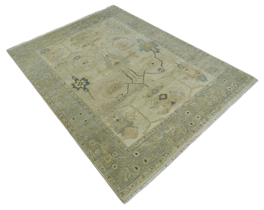 Traditional Beige and Moss Green Hand knotted 9x12 Vintage Oriental Oushak Area Rug, Living Room, Dinning and Kitchen Rug | CP818912