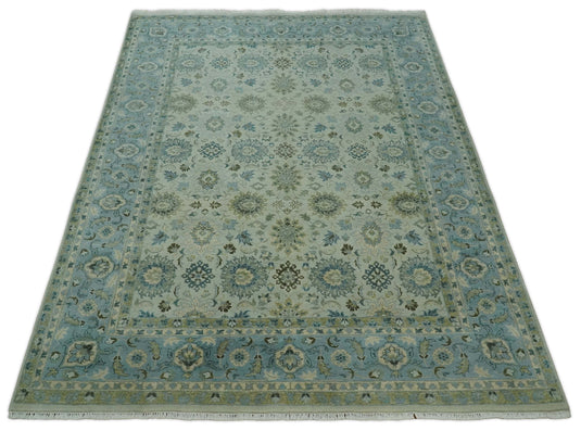 Fine Traditional Hand Knotted Beige and Blue 8x10 Fine Vintage Persian Style Antique Wool Rug | CP828810