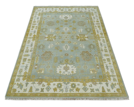 Hand Knotted 6x9 Blue, Mustard and Ivory Traditional Persian Oushak Wool Rug | CP83369