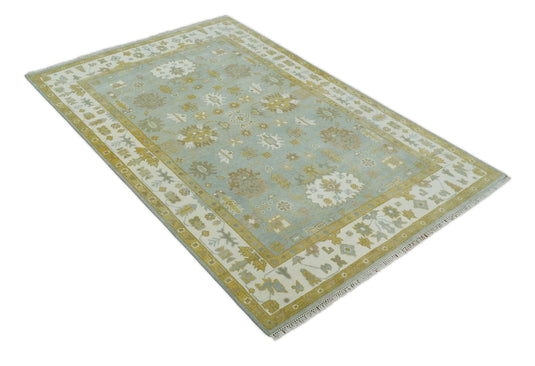 Hand Knotted 6x9 Blue, Mustard and Ivory Traditional Persian Oushak Wool Rug | CP83369