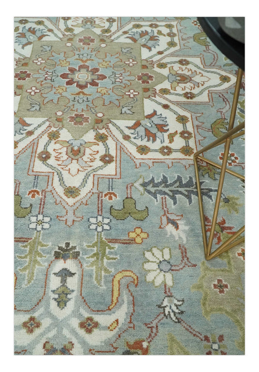 Traditional Hand Knotted 9x12 Blue, Camel and Ivory Antique Persian Serapi Wool Rug | CP834912