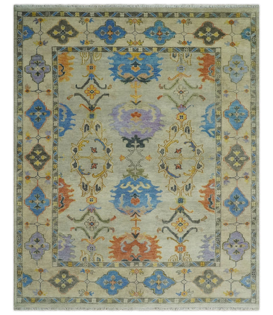 Traditional Hand knotted Oushak 8x10 Wool Persian Beige and Gray Vibrant Colorful Area Rug | CP837810