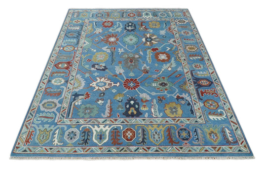 Hand knotted Turkish Oushak 9x12 Traditional Blue and Ivory  Vibrant Colorful Rug, Vintage Antique Living Room and Bedroom | CP839912