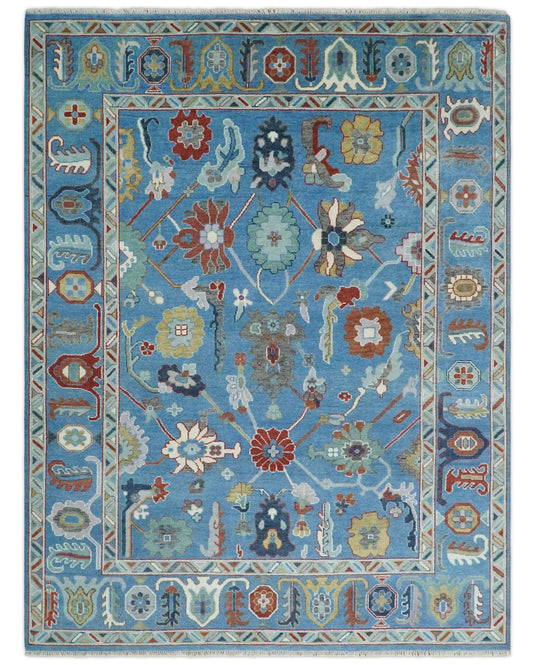 Hand knotted Turkish Oushak 9x12 Traditional Blue and Ivory  Vibrant Colorful Rug, Vintage Antique Living Room and Bedroom | CP839912