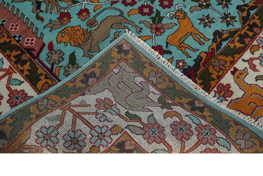 Traditional Vintage Persian Style Antique Wool 9x12 Hand Knotted Blue, Gold and Ivory Jungle Inspired Rug | CP843912