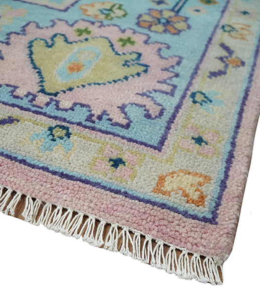 Traditional Hand knotted Oushak 8x10 Wool Persian Pink, Blue and Beige Vibrant Colorful Area Rug | CP847810