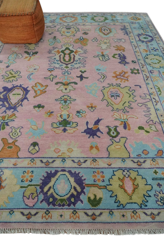 Traditional Hand knotted Oushak 8x10 Wool Persian Pink, Blue and Beige Vibrant Colorful Area Rug | CP847810