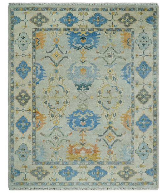 Traditional Hand knotted Oushak 8x10 Wool Persian Silver and Beige Vibrant Colorful Area Rug | CP857810