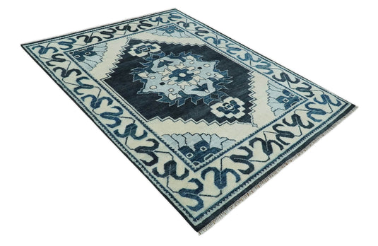 Blue and Ivory Wool Traditional Antique Vintage Persian Hand knotted Area Rug | CP859