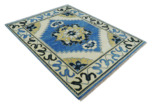 Beige, Blue and Gold Wool 5x8, 6x9, 8x10 and 9x12 Traditional Antique Vintage Persian Hand knotted Area Rug | CP861