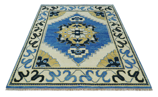 Beige, Blue and Gold Wool 5x8, 6x9, 8x10 and 9x12 Traditional Antique Vintage Persian Hand knotted Area Rug | CP861