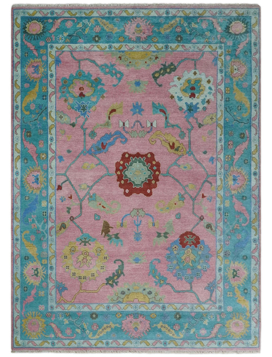 Oushak Pink and Blue 10x14 Hand Knotted Traditional Vintage Persian Style Antique Wool Rug | CP8671014