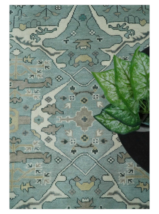 Traditional Antique 6x9 Vintage Oriental Oushak Blue, Ivory and Camel Hand Knotted  Wool Area Rug | CP87169
