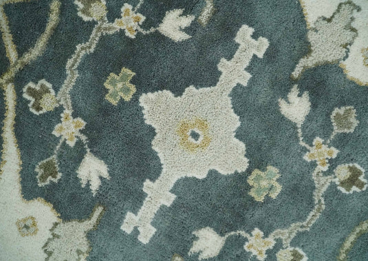 Traditional Blue Teal,  Olive and Ivory Oriental Hand knotted Oushak Eclectic 8x10 All Wool  Area Rug, Living Room Rug | CP880810