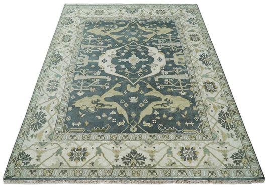 Traditional Blue Teal,  Olive and Ivory Oriental Hand knotted Oushak Eclectic 8x10 All Wool  Area Rug, Living Room Rug | CP880810