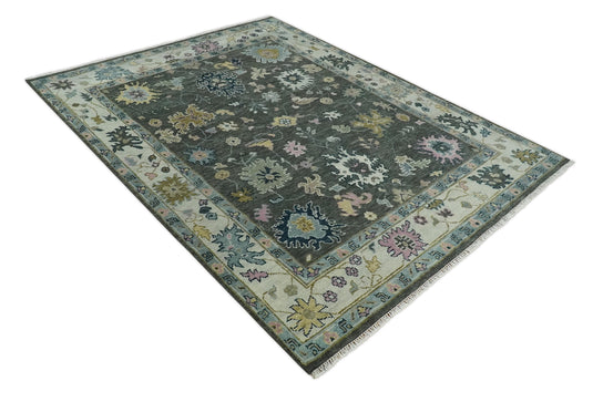 Traditional Persian Hand knotted Oriental Oushak 9x12 Wool Dark Gray and Ivory Area Rug | CP891912