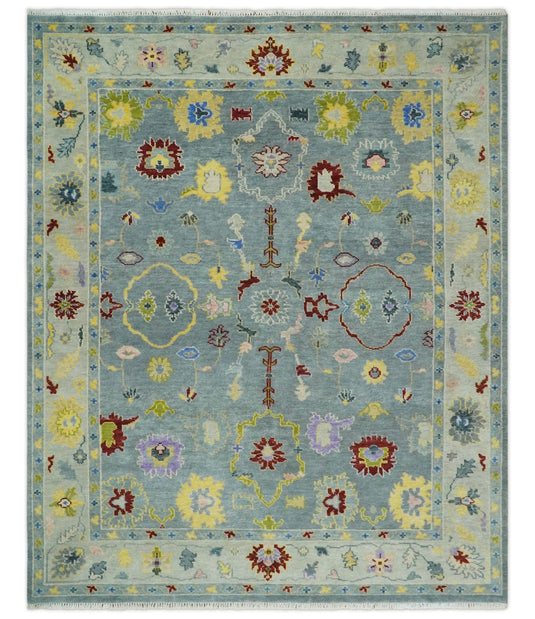 Traditional Hand knotted Oushak 8x10 Wool Persian Blue and Silver Vibrant Colorful Area Rug | CP893810