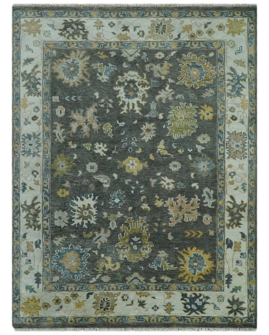 Antique Traditional Persian Hand knotted Oushak 9x12 Wool Charcoal and Ivory Area Rug | CP898912