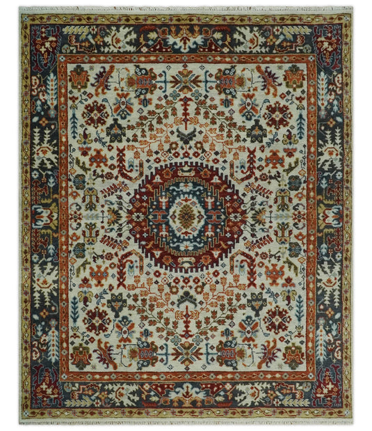 Traditional Ivory, Blue and Red Hand knotted 9x12 Vintage Oriental Medallion Area Rug, Living Room, Dinning and Kitchen Rug | CP900810