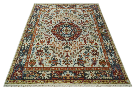 Traditional Ivory, Blue and Red Hand knotted 9x12 Vintage Oriental Medallion Area Rug, Living Room, Dinning and Kitchen Rug | CP900810