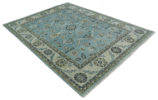 Traditional Antique 9x12 Vintage Oriental Oushak Blue, Ivory and Grey Hand Knotted  Wool Area Rug | CP908912