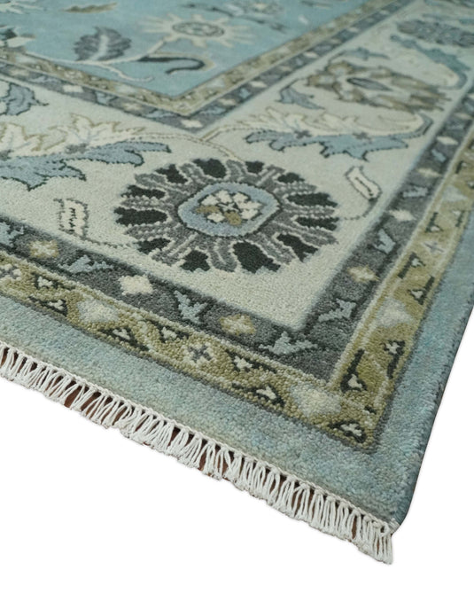 Traditional Antique 9x12 Vintage Oriental Oushak Blue, Ivory and Grey Hand Knotted  Wool Area Rug | CP908912