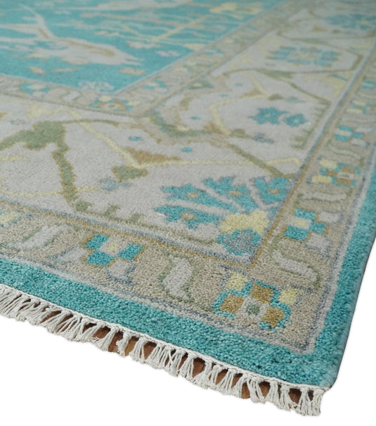 Traditional Hand knotted Antique Oriental Oushak 8x10 Wool Persian Blue, Beige and Camel Area Rug | CP912810