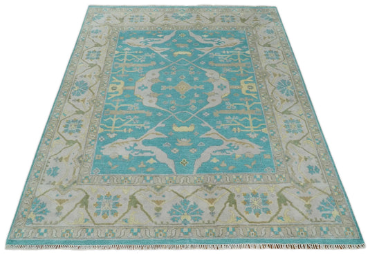 Traditional Hand knotted Antique Oriental Oushak 8x10 Wool Persian Blue, Beige and Camel Area Rug | CP912810