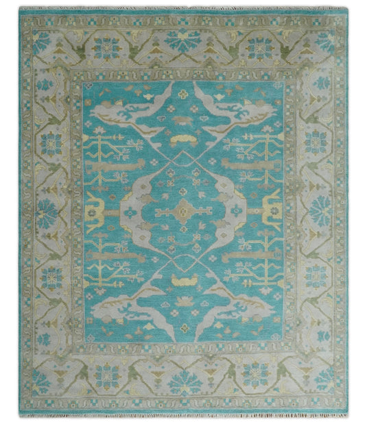 Traditional Hand knotted Antique Oriental Oushak 8x10 Wool Persian Blue, Beige and Camel Area Rug | CP912810