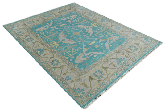 Traditional Hand knotted Antique Oriental Oushak 8x10 Wool Persian Blue, Beige and Camel Area Rug | CP912810