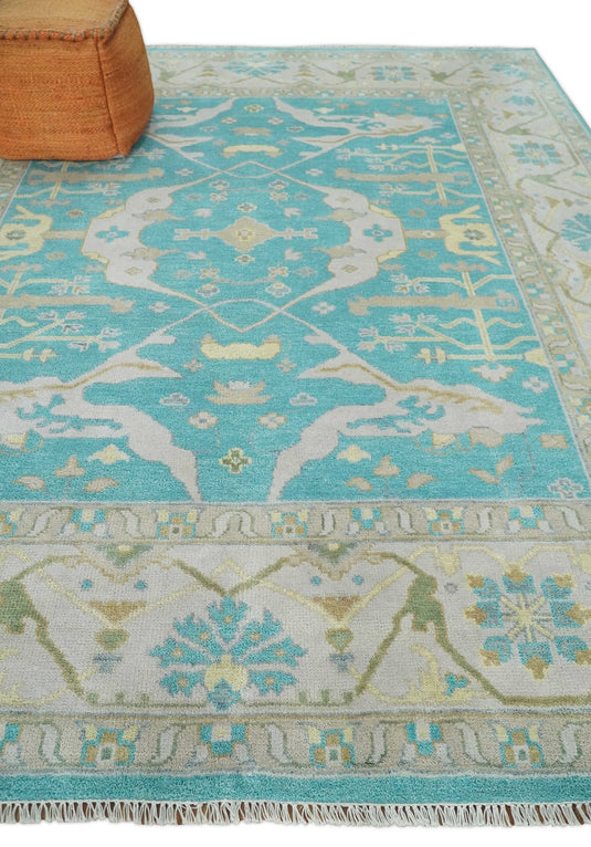 Traditional Hand knotted Antique Oriental Oushak 8x10 Wool Persian Blue, Beige and Camel Area Rug | CP912810