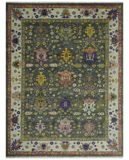 Antique Tradtional Vintage Oushak Charcoal, Ivory and Green Colorful 5x8, 6x9, 8x10, 9x12, 10x14 and 12x15 Handknotted Area Rug| CP918