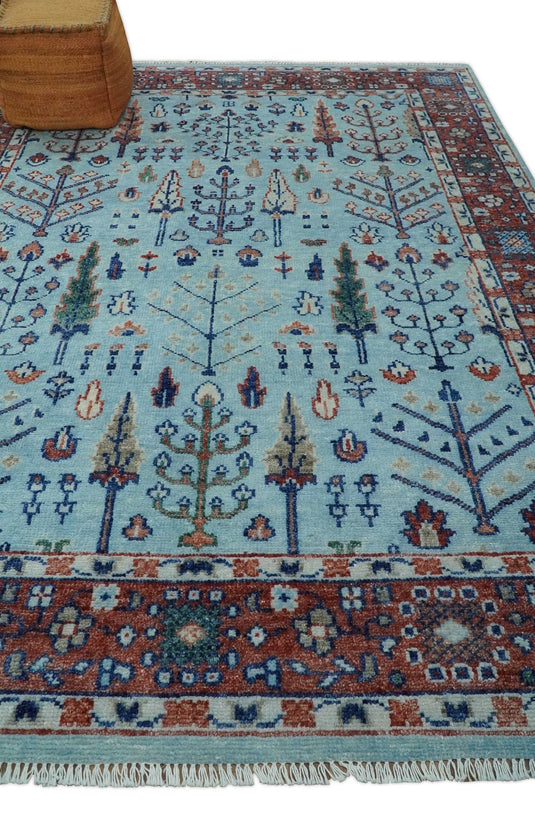 Traditional Handknotted Tree of Life Oriental Oushak Rug, Sky Blue and Rust |  NCP2747