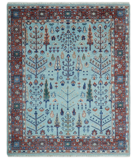 Traditional Handknotted Tree of Life Oriental Oushak Rug, Sky Blue and Rust |  NCP2747